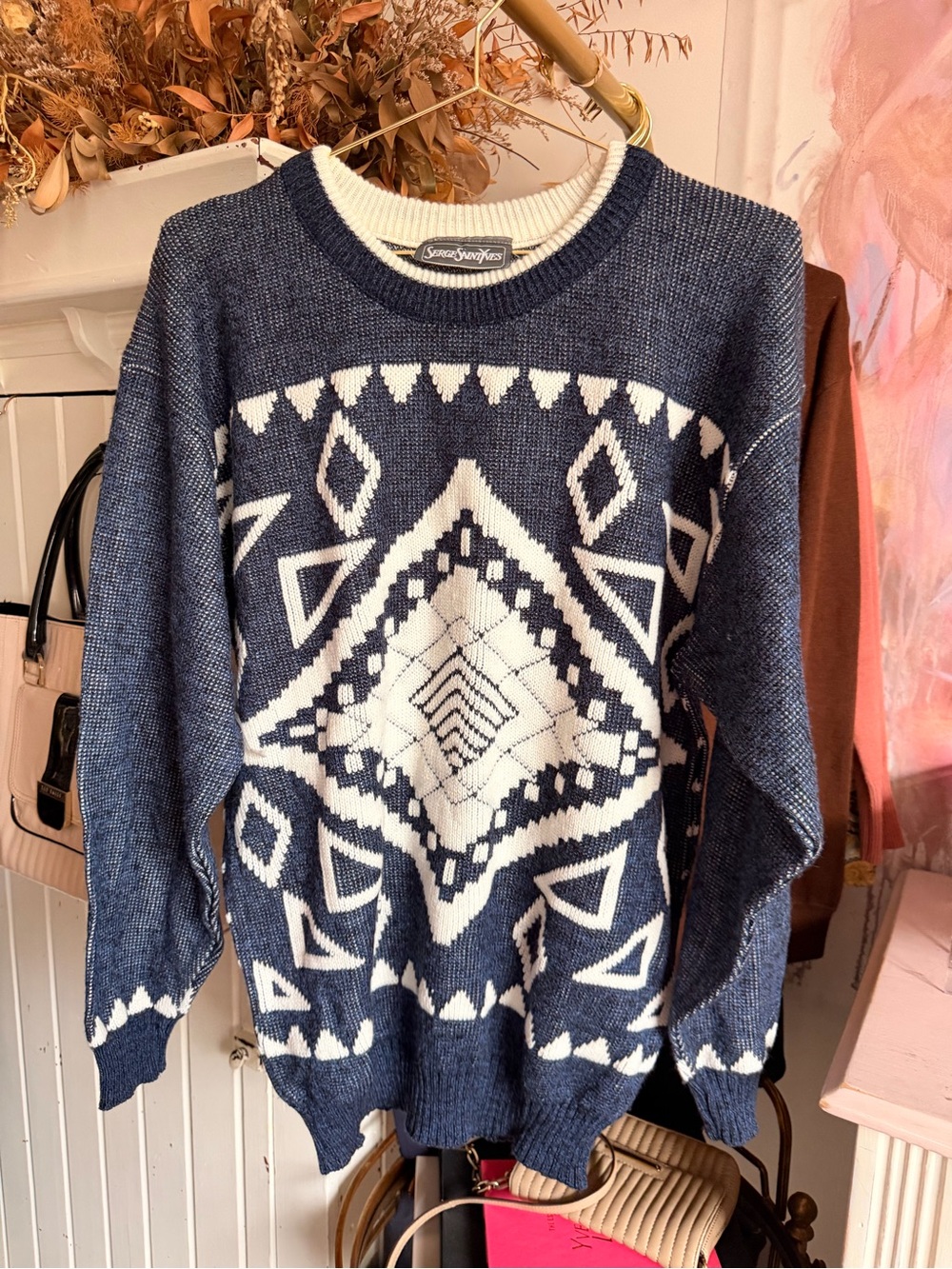 Serge Saint Yves Navy and White Geometric Knit Sweater